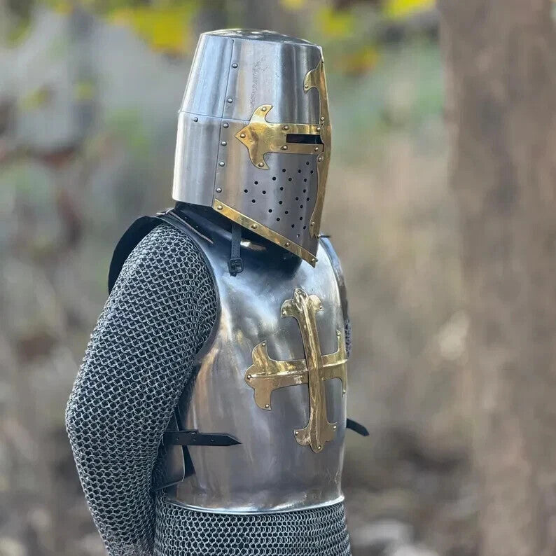 Medieval Knight Steel Templar Armor Cuirass With Great Templar Helmet - Larp