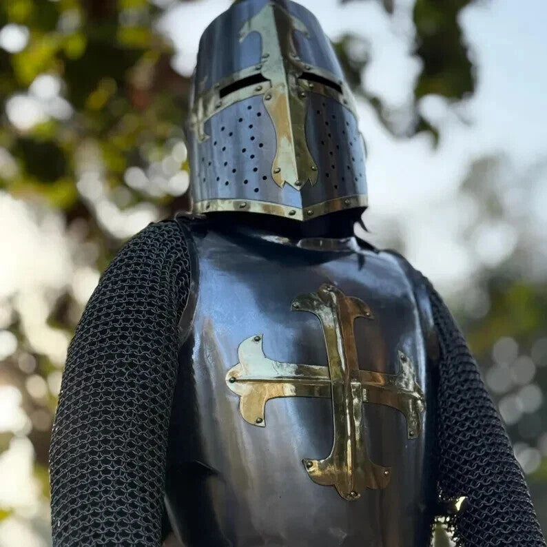 Medieval Knight Steel Templar Armor Cuirass With Great Templar Helmet - Larp